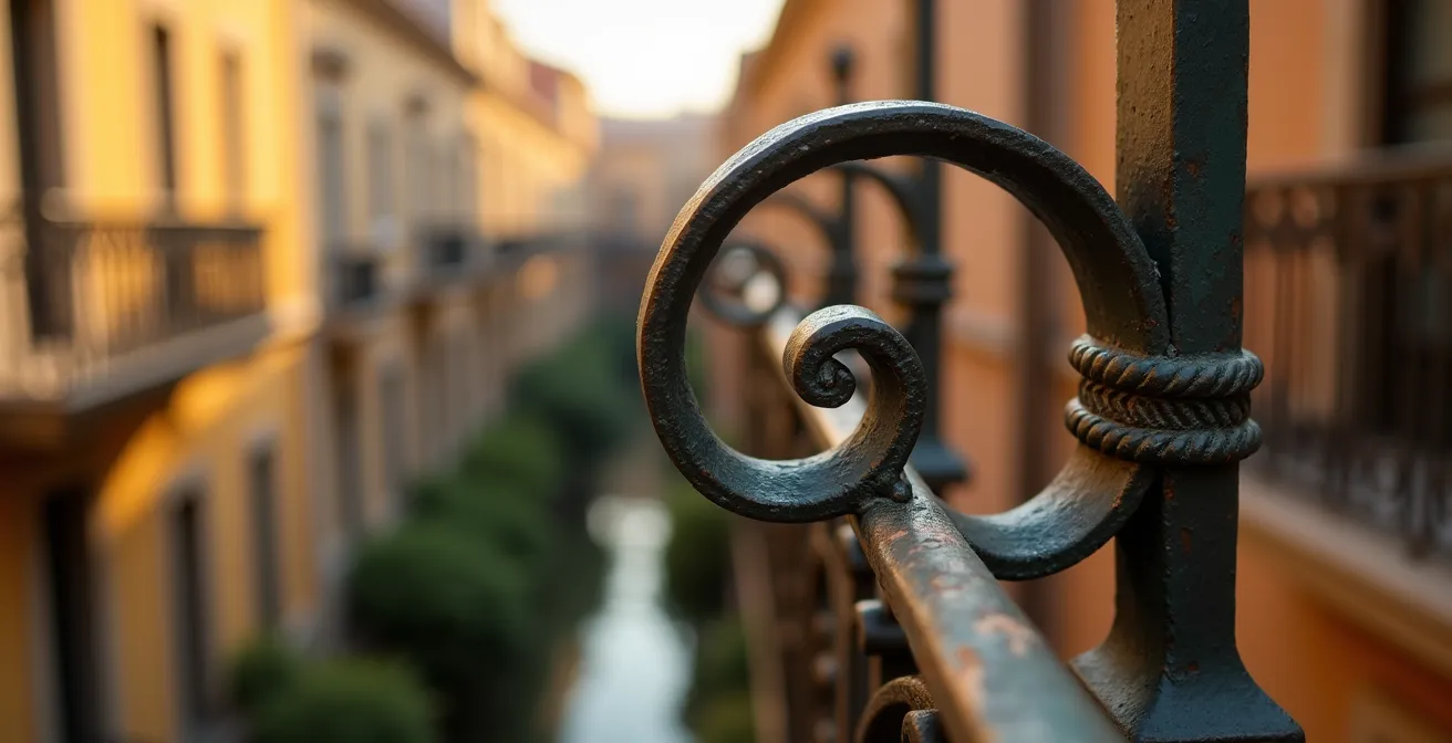 Détail macro d'un garde-corps en fer forgé ouvragé typique de Monaco