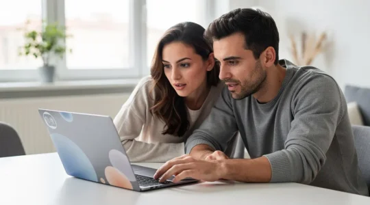 Couple français consultant ensemble un simulateur de crédit immobilier sur ordinateur