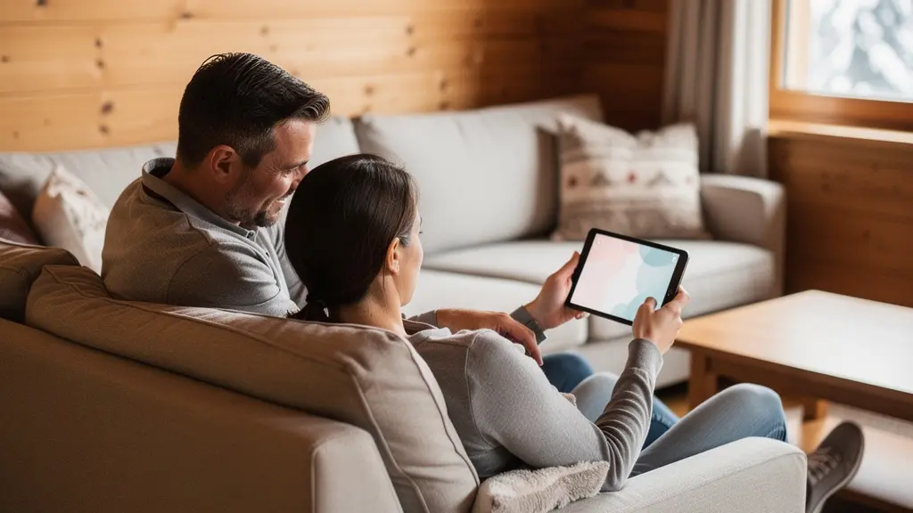 Couple consultant une tablette pour comparer des locations de vacances dans un salon de montagne