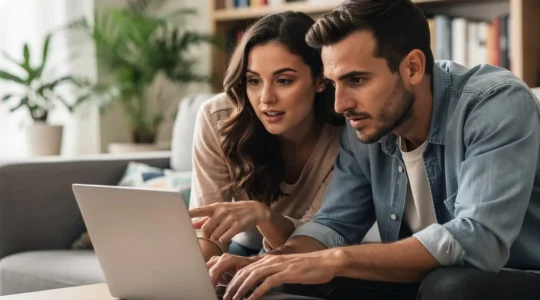 Couple analysant simulation crédit immobilier sur ordinateur portable dans salon moderne