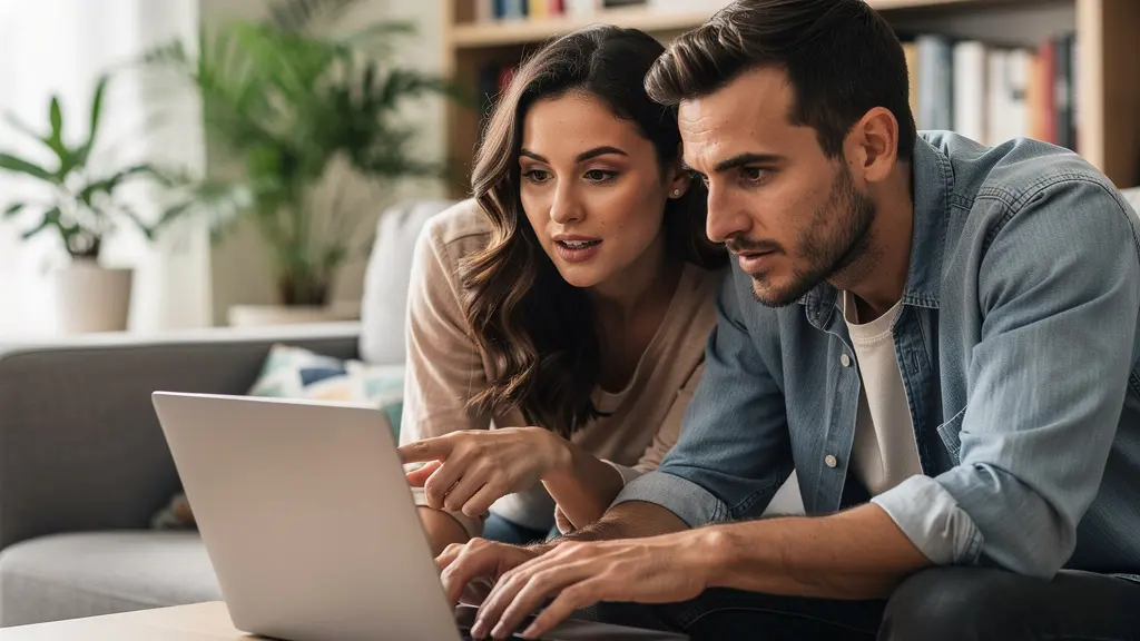 Couple analysant simulation crédit immobilier sur ordinateur portable dans salon moderne