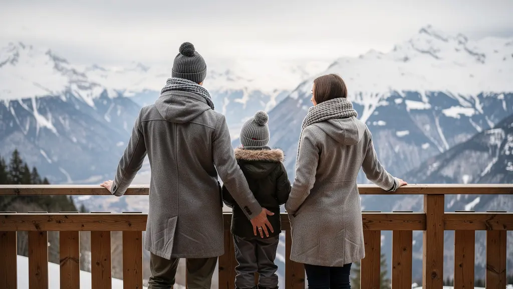 Famille profitant de la vue enneigée depuis la terrasse d'un appartement de vacances à Arêches