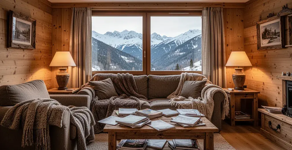 Salon chaleureux d'un appartement de vacances à Arêches avec vue sur les montagnes enneigées