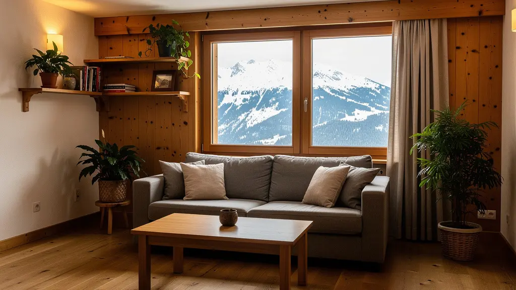 Intérieur chaleureux d'un appartement de vacances en montagne avec décoration bois et vue sur la neige