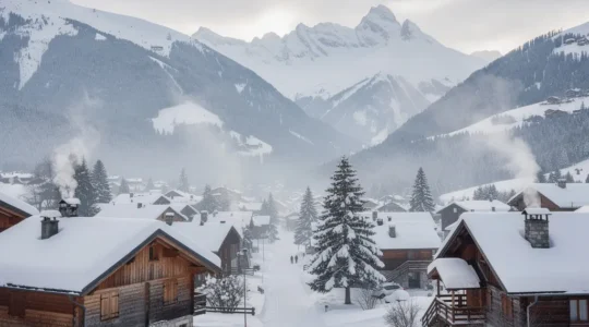 Village d'Arêches-Beaufort sous la neige avec chalets traditionnels savoyards en hiver