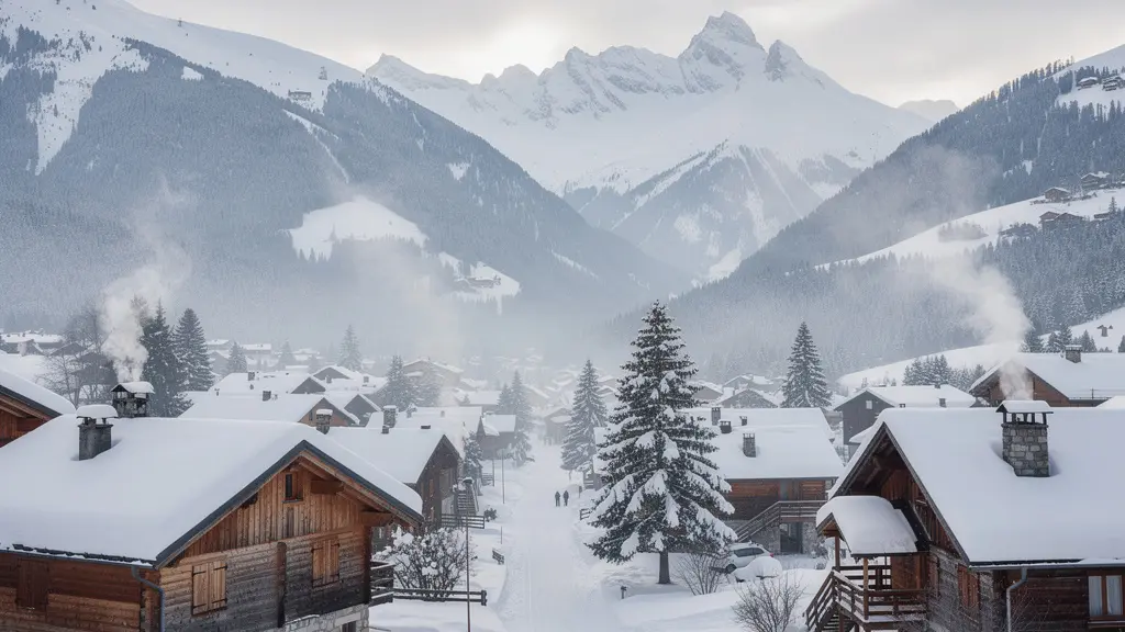 Village d'Arêches-Beaufort sous la neige avec chalets traditionnels savoyards en hiver