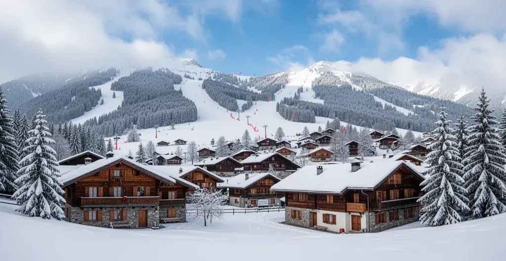 Vue du village d'Arêches en hiver avec chalets traditionnels et pistes de ski en arrière-plan