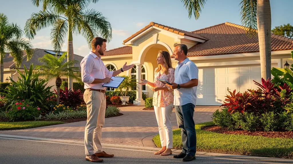 Agent immobilier américain présentant un contrat d'offre à des clients devant une maison résidentielle en Floride