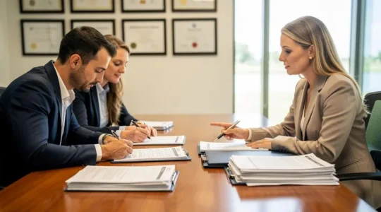 Acheteurs et représentante d'une title company signant les documents finaux de closing dans un bureau professionnel en Floride