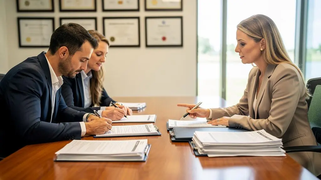 Acheteurs et représentante d'une title company signant les documents finaux de closing dans un bureau professionnel en Floride