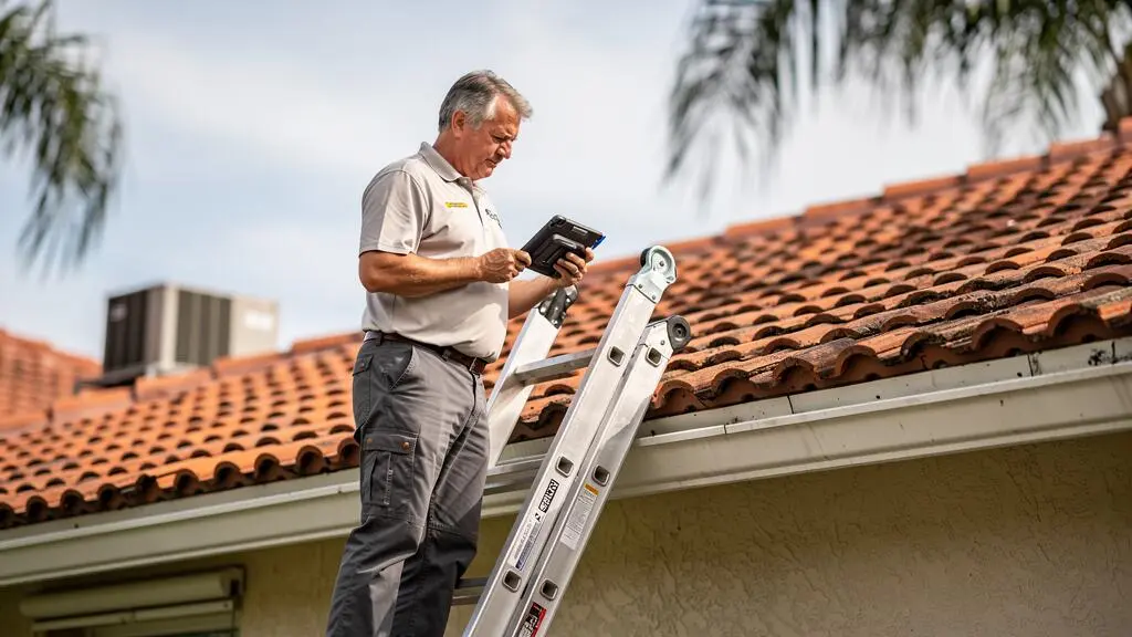 Inspecteur professionnel examinant la toiture d'une propriété résidentielle en Floride lors de la phase d'escrow