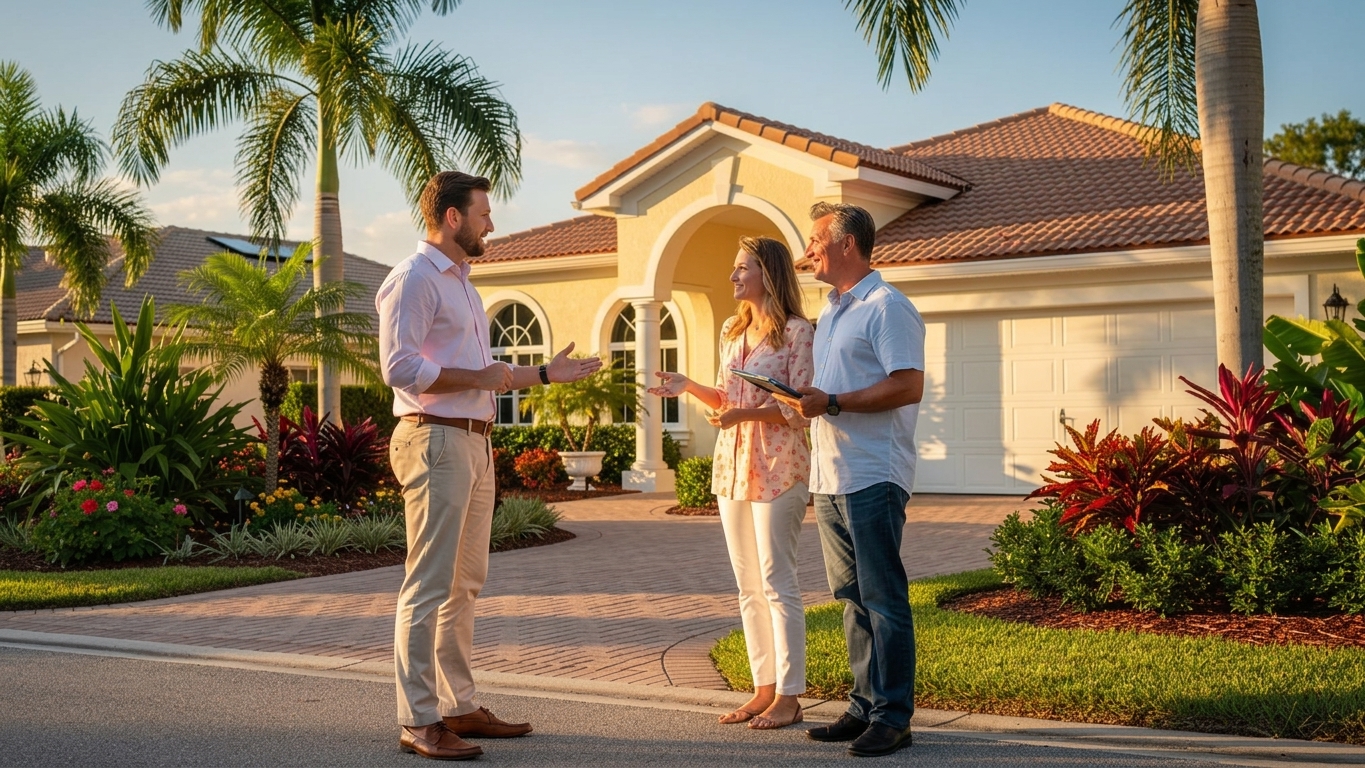 Agent immobilier américain présentant un contrat d'offre à des clients devant une maison résidentielle en Floride