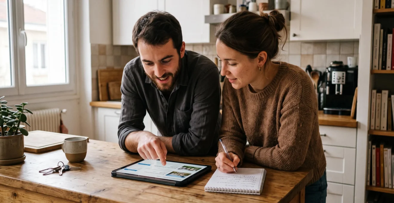 Couple consultant des annonces immobilières sur une tablette