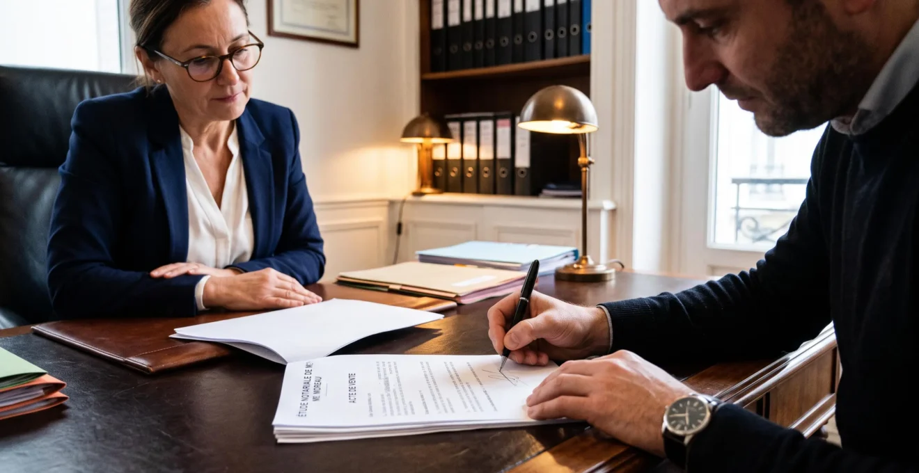Signature d'un document chez le notaire lors d'un achat immobilier