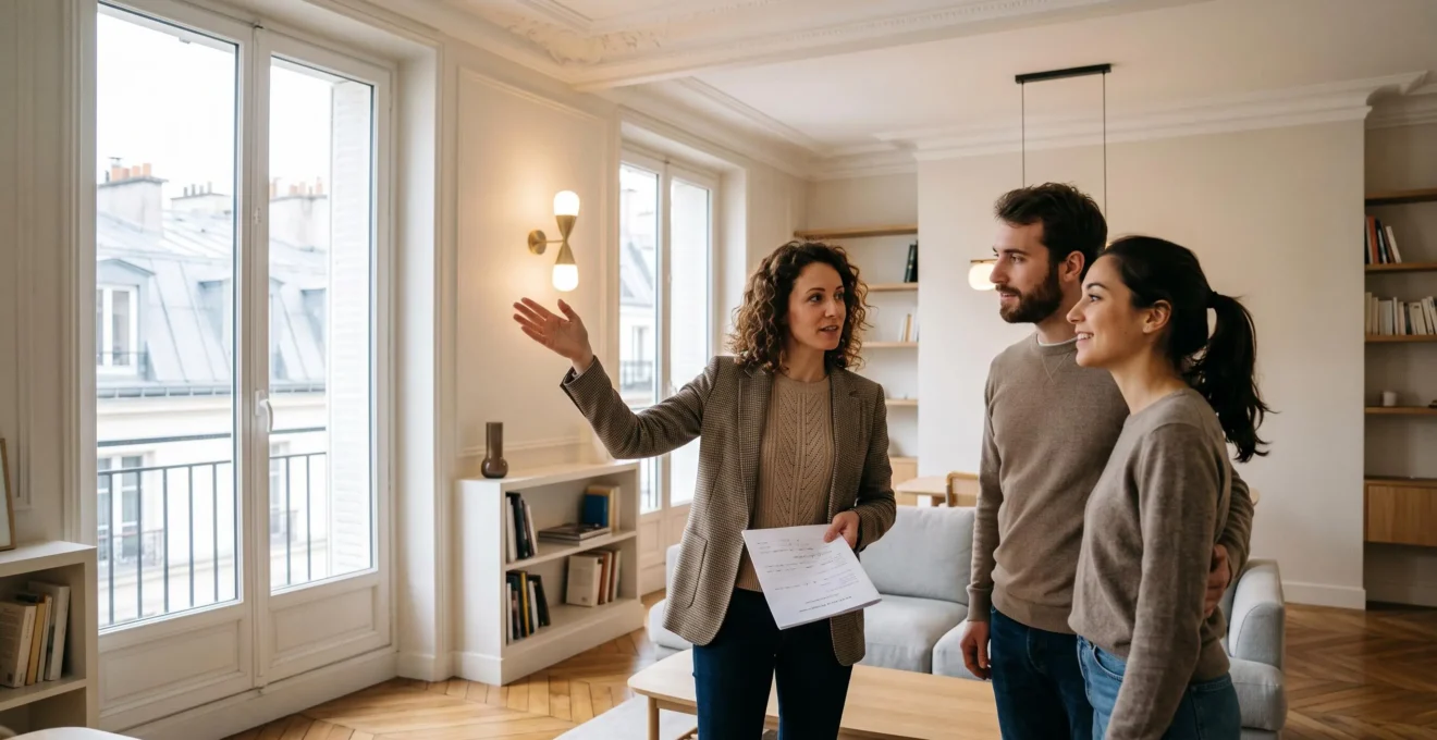 Agent immobilier montrant un appartement à un couple lors d'une visite