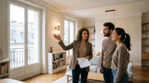 Agent immobilier montrant un appartement à un couple lors d'une visite